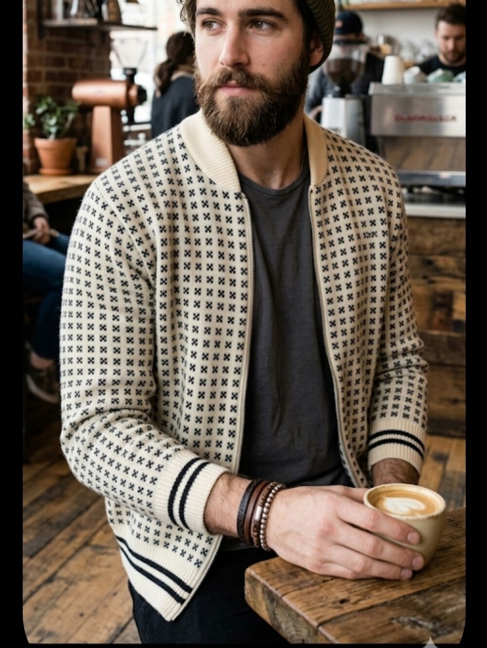 Vtg white mens S Cardigan black symbols zip front